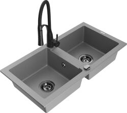 Mexen Mario, gránit mosogató 820x436x161 mm, 2 kamrás és Aster mosogató csaptelep, szürke, 6504-71-73450-70-B (6504-71-73450-70-B)