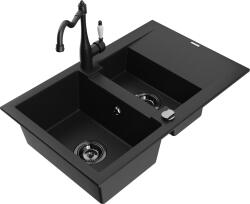 Mexen Gaspar, gránit mosogató 752x436x161 mm, 1, 5 kamrás és mosogató csaptelep Carla, fekete, 6507-77-670700-70-B (6507-77-670700-70-B)