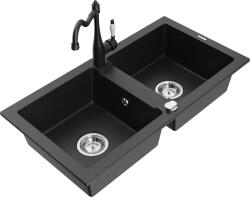 Mexen Mario, gránit mosogató 820x436x161 mm, 2 kamrás és mosogató csaptelep Carla, fekete-arany metál, 6504-75-670700-70 (6504-75-670700-70)