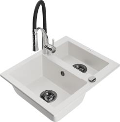 Mexen Carlos, 1, 5 kamrás gránit mosogató 582x475x177 mm és Aster mosogató csaptelep, fehér, 6518-20-73450-07-B (6518-20-73450-07-B)