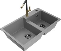 Mexen Tomas, 2 kamrás gránit mosogató 800x500x190 mm és Flora mosogató csaptelep, szürke, 6516-71-670401-57-B (6516-71-670401-57-B)