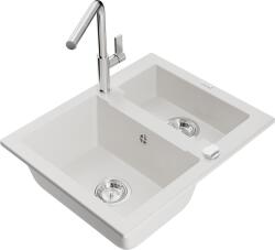 Mexen Carlos, 1, 5 kamrás gránit mosogató 582x475x177 mm és Flora mosogató csaptelep, fehér, 6518-20-670401-00 (6518-20-670401-00)