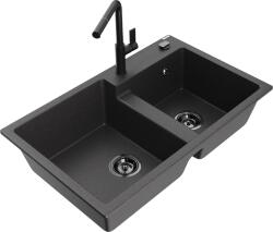 Mexen Tomas, 2 kamrás gránit mosogató 800x500x190 mm és Flora mosogató csaptelep, fekete foltos, 6516-76-670401-70-B (6516-76-670401-70-B)