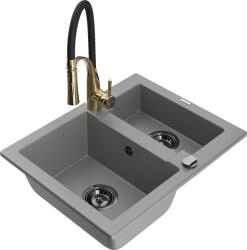 Mexen Carlos, 1, 5 kamrás gránit mosogató 582x475x177 mm és Aster mosogató csaptelep, szürke, 6518-71-73450-57-B (6518-71-73450-57-B)