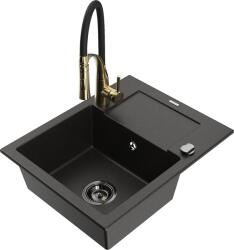 Mexen Enzo, 1 kamrás gránit mosogató 576x465x174 mm és Aster mosogató csaptelep, fekete-arany metál, 6506-75-73450-57-B (6506-75-73450-57-B)