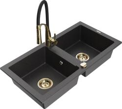 Mexen Mario, gránit mosogató 820x436x161 mm, 2 kamrás és Aster mosogató csaptelep, fekete foltos, 6504-76-73450-57-G (6504-76-73450-57-G)