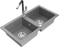 Mexen Mario, 2 kamrás gránit mosogató 820x436x161 mm és Flora mosogató csaptelep, szürke, 6504-71-670401-07 (6504-71-670401-07)