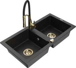 Mexen Mario, gránit mosogató 820x436x161 mm, 2 kamrás és Aster mosogató csaptelep, fekete-arany metál, 6504-75-73450-57-G (6504-75-73450-57-G)