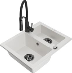Mexen Carlos, 1, 5 kamrás gránit mosogató 582x475x177 mm és Aster mosogató csaptelep, fehér, 6518-20-73450-70-B (6518-20-73450-70-B)