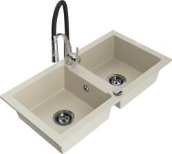 Mexen Mario, gránit mosogató 820x436x161 mm, 2 kamrás és Aster mosogató csaptelep, bézs, 6504-69-73450-07-B (6504-69-73450-07-B)