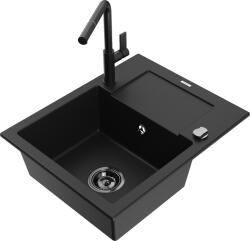 Mexen Enzo, 1 kamrás gránit mosogató 576x465x174 mm és Flora mosogató csaptelep, fekete, 6506-77-670401-70-B (6506-77-670401-70-B)