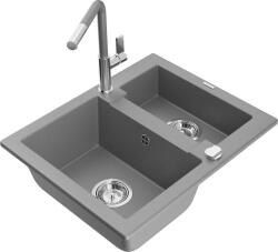 Mexen Carlos, 1, 5 kamrás gránit mosogató 582x475x177 mm és Flora mosogató csaptelep, szürke, 6518-71-670401-06 (6518-71-670401-06)