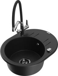 Mexen Kevin, gránit mosogató 586x458x190 mm, 1 kamrás és fehér Duo csaptelep, fekete, 6517-77-671701-07-B (6517-77-671701-07-B)