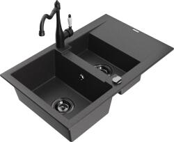 Mexen Gaspar, gránit mosogató 752x436x161 mm, 1, 5 kamrás és mosogató csaptelep Carla, fekete foltos, 6507-76-670700-70-B (6507-76-670700-70-B)