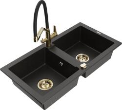 Mexen Mario, gránit mosogató 820x436x161 mm, 2-kamrás és Duo mosogató csaptelep, fekete-arany metál, 6504-75-671701-57-G (6504-75-671701-57-G)