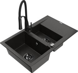 Mexen Gaspar, 1, 5 kamrás gránit mosogató 737x475x177 mm és Aster mosogató csaptelep, fekete-arany metál, 6507-75-73450-70-B (6507-75-73450-70-B)