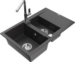 Mexen Gaspar, 1, 5 kamrás gránit mosogató 737x475x177 mm és Flora mosogató csaptelep, fekete foltos, 6507-76-670401-00 (6507-76-670401-00)