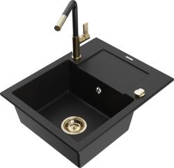 Mexen Enzo, 1 kamrás gránit mosogató 576x465x174 mm és Flora mosogató csaptelep, fekete, 6506-77-670401-57-G (6506-77-670401-57-G)