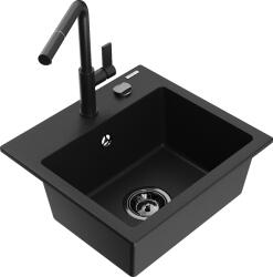Mexen Milo, 1 kamrás gránit mosogató 435x410x171 mm és Flora mosogató csaptelep, fekete, 6505-77-670401-70-B (6505-77-670401-70-B)