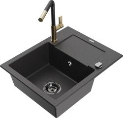 Mexen Enzo, 1 kamrás gránit mosogató 576x465x174 mm és Flora mosogató csaptelep, fekete foltos, 6506-76-670401-57-B (6506-76-670401-57-B)