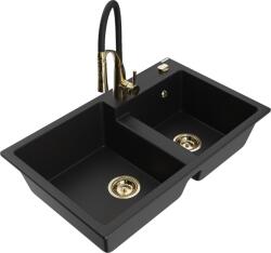 Mexen Tomas, 2 kamrás gránit mosogató 800x500x190 mm és Aster mosogató csaptelep, fekete, 6516-77-73450-57-G (6516-77-73450-57-G)