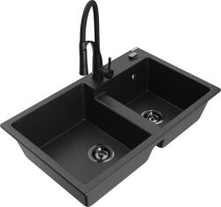 Mexen Tomas, 2-kamrás gránit mosogató 800x500x190 mm és Aster mosogató csaptelep, fekete-arany metál, 6516-75-73450-70-B (6516-75-73450-70-B)