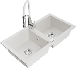 Mexen Mario, gránit mosogató 820x436x161 mm, 2 kamrás és Aster mosogató csaptelep, fehér, 6504-20-73450-02 (6504-20-73450-02)
