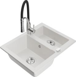 Mexen Carlos, 1, 5 kamrás gránit mosogató 582x475x177 mm és Aster mosogató csaptelep, fehér, 6518-20-73450-07 (6518-20-73450-07)