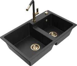 Mexen Tomas, 2 kamrás gránit mosogató 800x500x190 mm és Flora mosogató csaptelep, fekete-ezüst metál, 6516-73-670401-57-G (6516-73-670401-57-G)