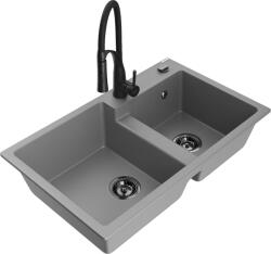 Mexen Tomas, 2 kamrás gránit mosogató 800x500x190 mm és Aster mosogató csaptelep, szürke, 6516-71-73450-70-B (6516-71-73450-70-B)