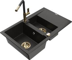 Mexen Gaspar, 1, 5 kamrás gránit mosogató 737x475x177 mm és Flora mosogató csaptelep, fekete-arany metál, 6507-75-670401-57-G (6507-75-670401-57-G)