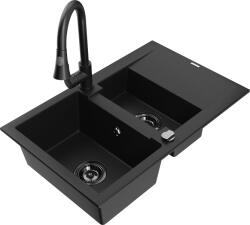Mexen Gaspar, 1, 5 kamrás gránit mosogató 737x475x177 mm és Elia mosogató csaptelep, fekete, 6507-77-670101-70-B (6507-77-670101-70-B)