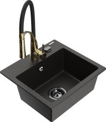 Mexen Milo, 1 kamrás gránit mosogató 435x410x171 mm és Aster mosogató csaptelep, fekete-arany metál, 6505-75-73450-57-B (6505-75-73450-57-B)