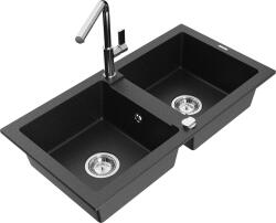 Mexen Mario, 2 kamrás gránit mosogató 820x436x161 mm és Flora mosogató csaptelep, fekete-ezüst metál, 6504-73-670401-00 (6504-73-670401-00)