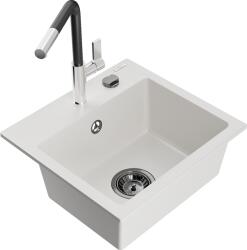 Mexen Milo, 1 kamrás gránit mosogató 435x410x171 mm és Flora mosogató csaptelep, fehér, 6505-20-670401-07-B (6505-20-670401-07-B)