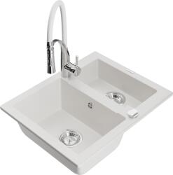 Mexen Carlos, 1, 5 kamrás gránit mosogató 582x475x177 mm és Aster mosogató csaptelep, fehér, 6518-20-73450-02 (6518-20-73450-02)