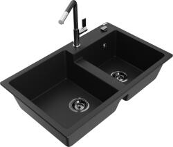 Mexen Tomas, 2 kamrás gránit mosogató 800x500x190 mm és Flora mosogató csaptelep, fekete, 6516-77-670401-07-B (6516-77-670401-07-B)