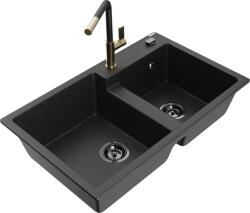Mexen Tomas, 2 kamrás gránit mosogató 800x500x190 mm és Flora mosogató csaptelep, fekete-ezüst metál, 6516-73-670401-57-B (6516-73-670401-57-B)