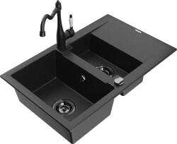 Mexen Gaspar, gránit mosogató 752x436x161 mm, 1, 5 kamrás és mosogató csaptelep Carla, fekete-ezüst metál, 6507-73-670700-70-B (6507-73-670700-70-B)