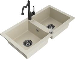 Mexen Mario, gránit mosogató 820x436x161 mm, 2 kamrás és mosogató csaptelep Carla, bézs, 6504-69-670700-70 (6504-69-670700-70)