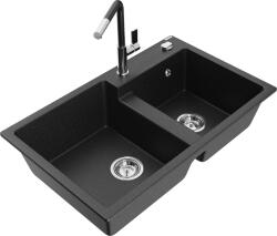 Mexen Tomas, 2 kamrás gránit mosogató 800x500x190 mm és Flora mosogató csaptelep, fekete-ezüst metál, 6516-73-670401-07 (6516-73-670401-07)