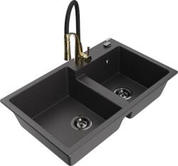 Mexen Tomas, 2 kamrás gránit mosogató 800x500x190 mm és Aster mosogató csaptelep, fekete foltos, 6516-76-73450-57-B (6516-76-73450-57-B)