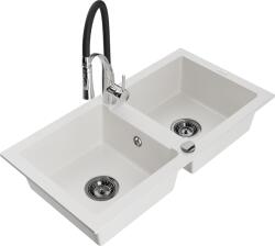 Mexen Mario, gránit mosogató 820x436x161 mm, 2 kamrás és Aster mosogató csaptelep, fehér, 6504-20-73450-07-B (6504-20-73450-07-B)