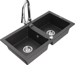 Mexen Mario, 2-kamrás gránit mosogató 820x436x161 mm és Elia mosogató csaptelep, fekete foltos, 6504-76-670101-00 (6504-76-670101-00)