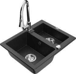 Mexen Carlos, 1, 5 kamrás gránit mosogató 582x475x177 mm és Elia mosogató csaptelep, fekete-ezüst metál, 6518-73-670101-00 (6518-73-670101-00)