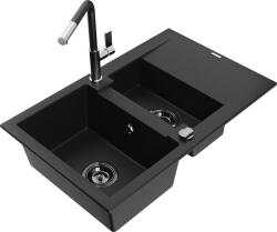 Mexen Gaspar, 1, 5 kamrás gránit mosogató 737x475x177 mm és Flora mosogató csaptelep, fekete, 6507-77-670401-07-B (6507-77-670401-07-B)