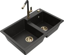 Mexen Tomas, 2 kamrás gránit mosogató 800x500x190 mm és Flora mosogató csaptelep, fekete-arany metál, 6516-75-670401-57-G (6516-75-670401-57-G)