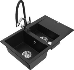 Mexen Gaspar, gránit mosogató 737x475x177 mm, 1, 5 kamrás és Duo mosogató csaptelep, fekete, 6507-77-671701-07 (6507-77-671701-07)