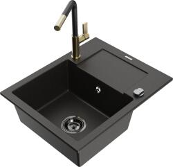 Mexen Enzo, 1 kamrás gránit mosogató 576x465x174 mm és Flora mosogató csaptelep, fekete-arany metál, 6506-75-670401-57-B (6506-75-670401-57-B)