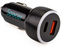 Spacer Incarcator auto Spacer SPCC-DUOQ-01, 1x USB-C, 1x USB, Quick Charge 18W, White (SPCC-DUOQ-01)